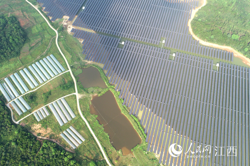 豐城市董家鎮南山水庫水面上的光伏板，千余畝的面積在航拍鏡頭下頗為壯觀。 人民網 時雨攝