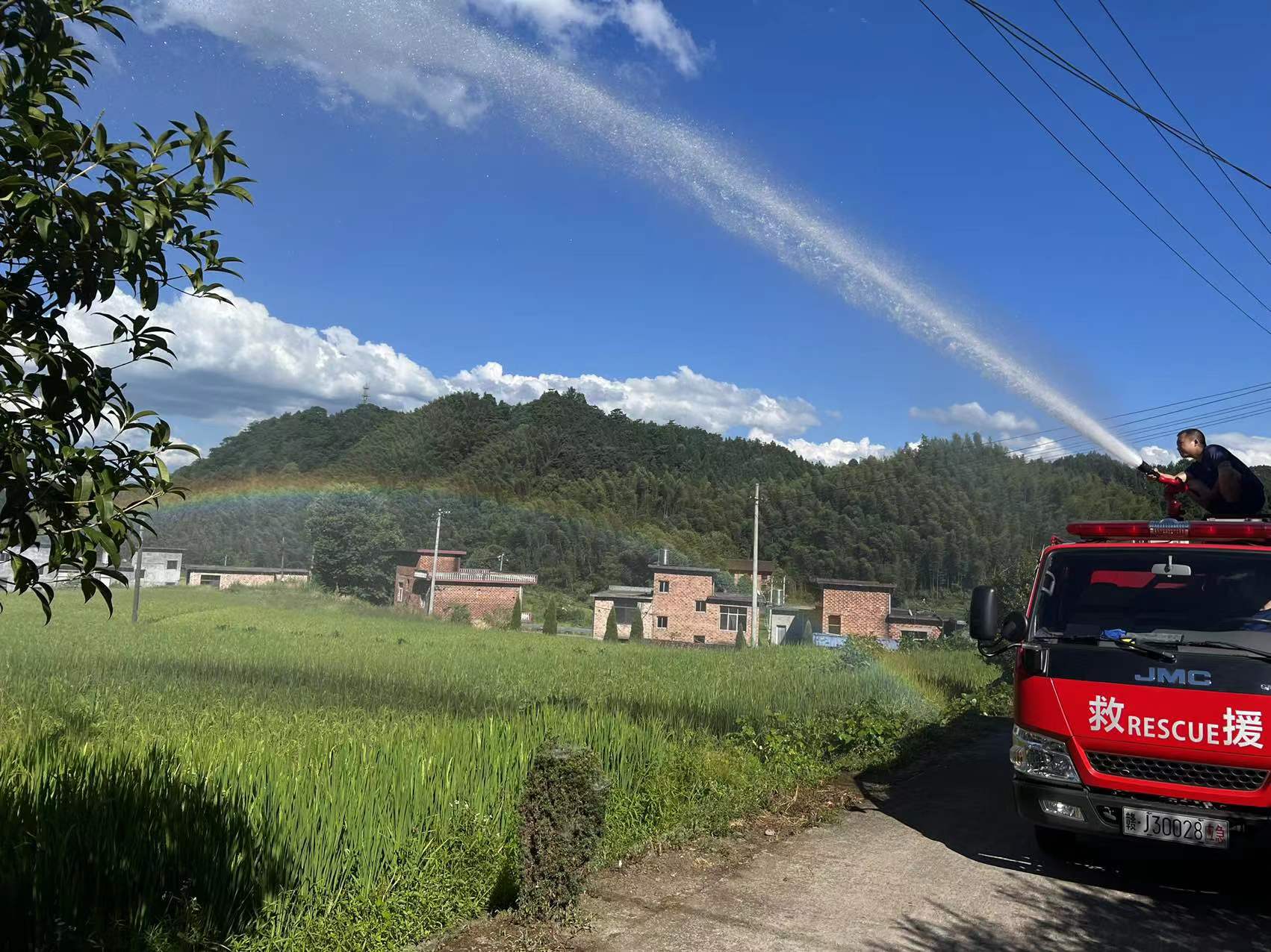 消防車開到田間地頭，為農作物灌溉。 李科攝