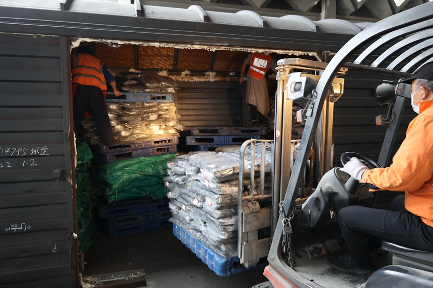 中國鐵路南昌局集團有限公司福州車務段福州東站叉車司機正在將貨物運往車廂，王勇富攝
