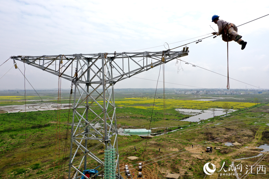 電網工作人員正在塔頂進行牽線作業。人民網 時雨攝