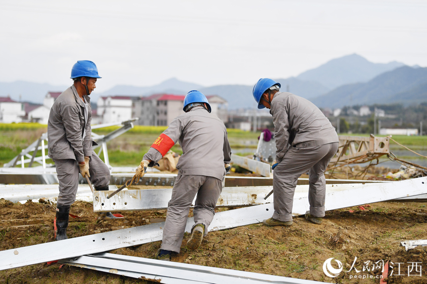 電網工作人員正在地面組裝電塔。人民網 時雨攝