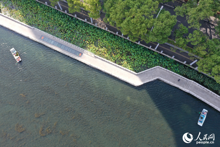 南昌市東湖區百花洲的東湖水面上，環衛工人駕船清理水面垃圾。 人民網記者 時雨攝