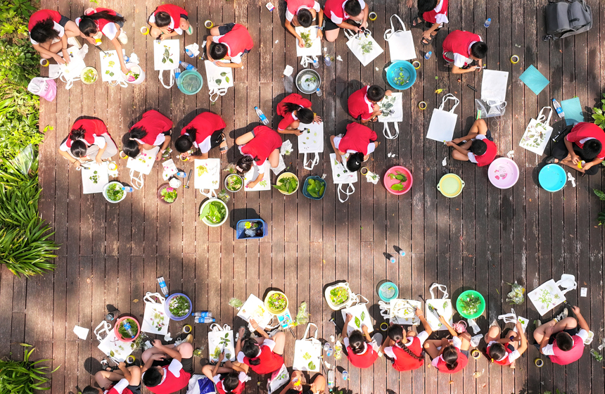 孩子們在博物館體驗植物拓染工藝。何賤來攝