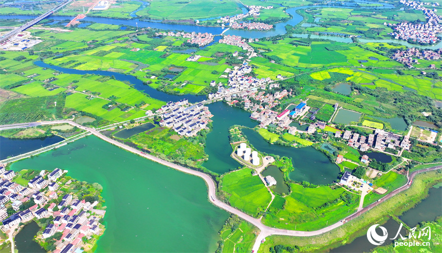 航拍江西省南昌市南昌縣富山鄉灘上村，鱗次櫛比的農房與濕地、田園相映成趣。人民網 朱海鵬攝