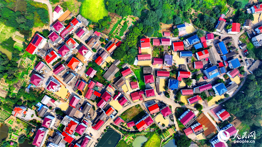 航拍鏡頭下一幅多彩斑斕的秋日畫卷。人民網 朱海鵬攝