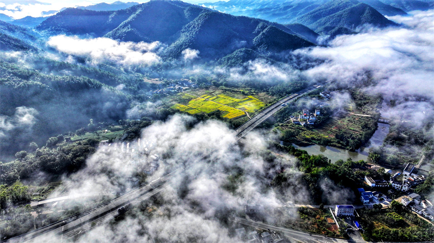 大廣高速公路在云海里若隱若現，美不勝收。尹其奇攝