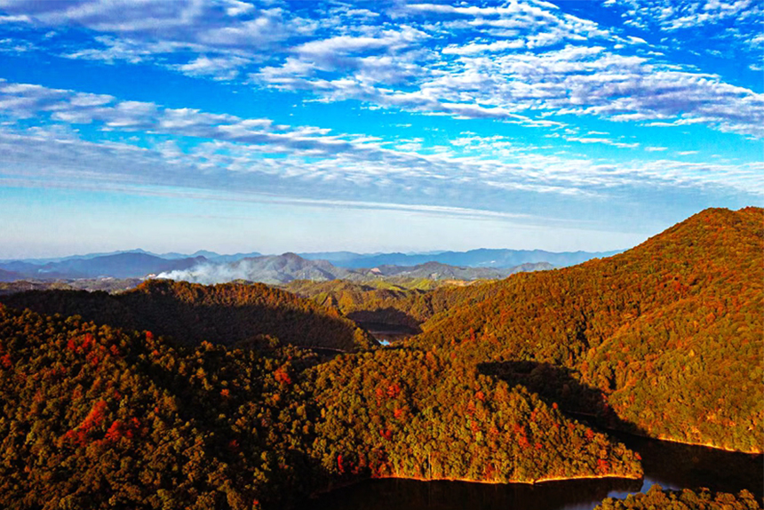 冬日時節，江西省贛州市信豐縣金盆山國家森林公園的龍井湖區色彩斑斕，美如畫卷。邱國偉攝