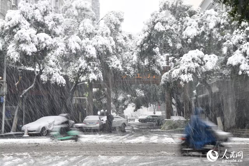 大雪飄落南昌，城市銀裝素裹。 人民網記者 時雨攝