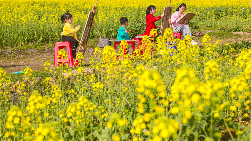 孩子們在油菜花地里作畫。李煜祖攝