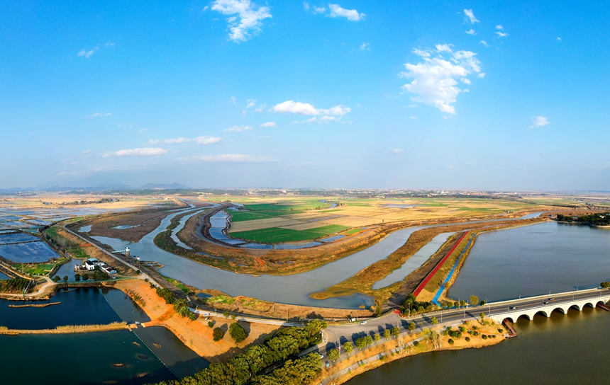 航拍下的共青城市碧波蕩漾、風光綺麗，宛如一幅渾然天成的“山水畫”。潘成攝