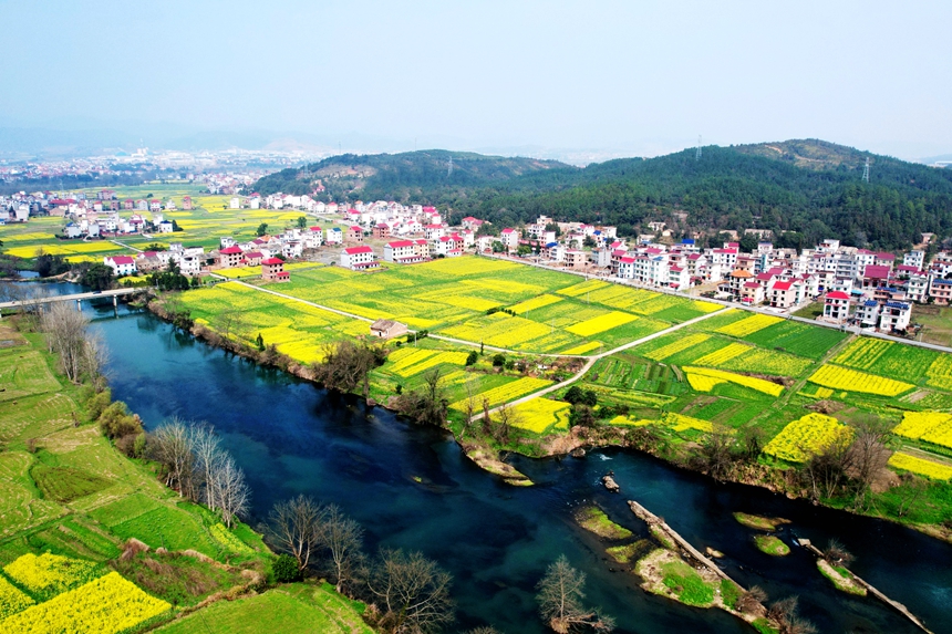 縱橫交錯的田園、河流、群山與民居相映成景。賀治斌攝