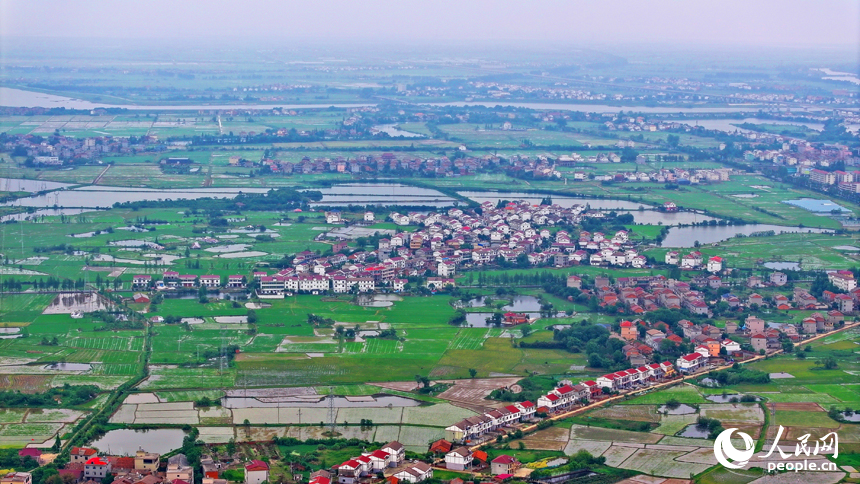 空中俯瞰南昌縣塘南鎮張溪村，一棟棟白墻紅瓦的農房與田園阡陌、綠樹碧水相互映襯，鄉村美景宜人。人民網 朱海鵬攝