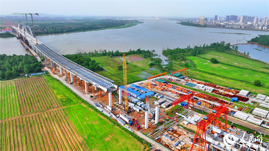 豐城市紫云大橋施工現場，建設者在加緊進行主纜和橋板安裝施工。人民網 朱海鵬攝