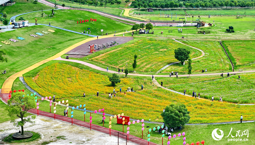 宜春市宜豐縣黃墾鎮炎嶺村鄉村旅游點，許多游客前來游玩、拍照，感受體驗初夏時節的山水田園生態風光之美。人民網 朱海鵬攝