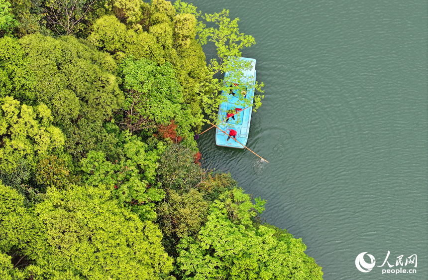 環保志愿者在贛州市安遠縣三百山鎮河道內巡河。人民網 朱海鵬攝