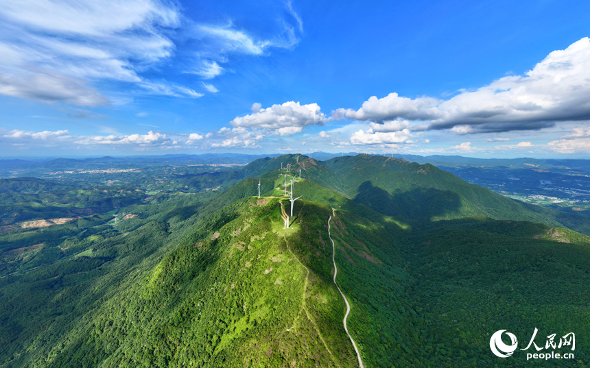 贛州市安遠縣九龍山風力發電場，隨風轉動的發電機組與藍天、白云、綠樹、青山交相輝映。人民網 朱海鵬攝