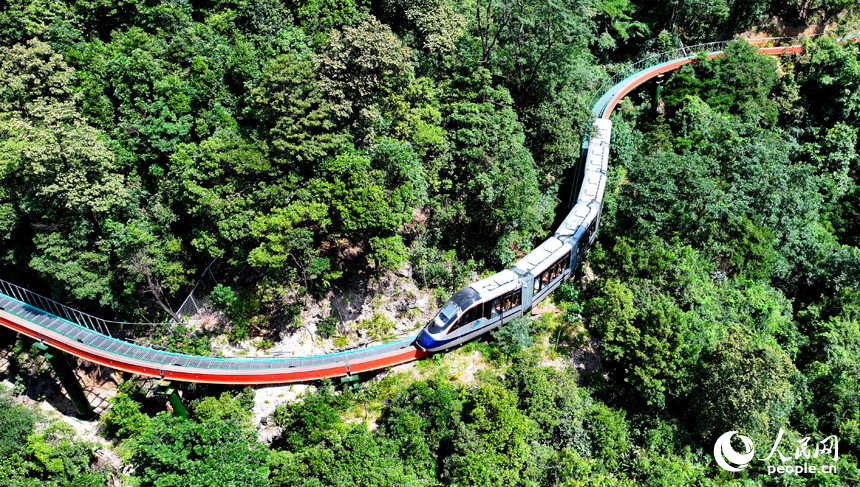 由中國中車旗下株洲中車特種裝備科技有限公司研發制造的高山懸崖跨座式單軌游覽車及軌道系統在撫州市資溪縣大覺山風景區完成交付，并進行調試、測試運行。人民網 朱海鵬攝
