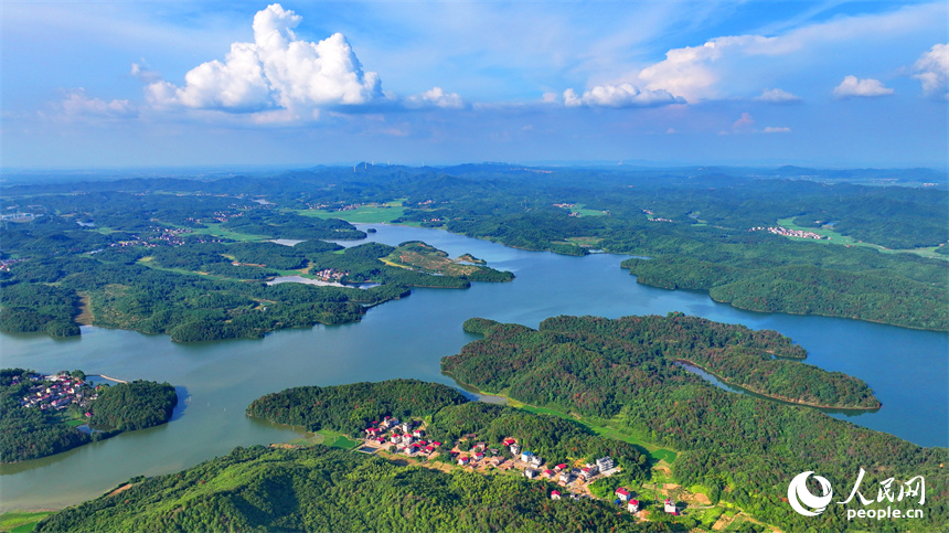 撫州市東鄉區孝崗鎮幸福濕地公園，綠水青山相得益彰。人民網 朱海鵬攝