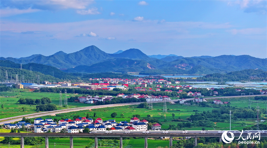 在建的東臨環城高速公路與農房、青山、綠樹、田壟相映成景，鄉村和美如畫。人民網 朱海鵬攝