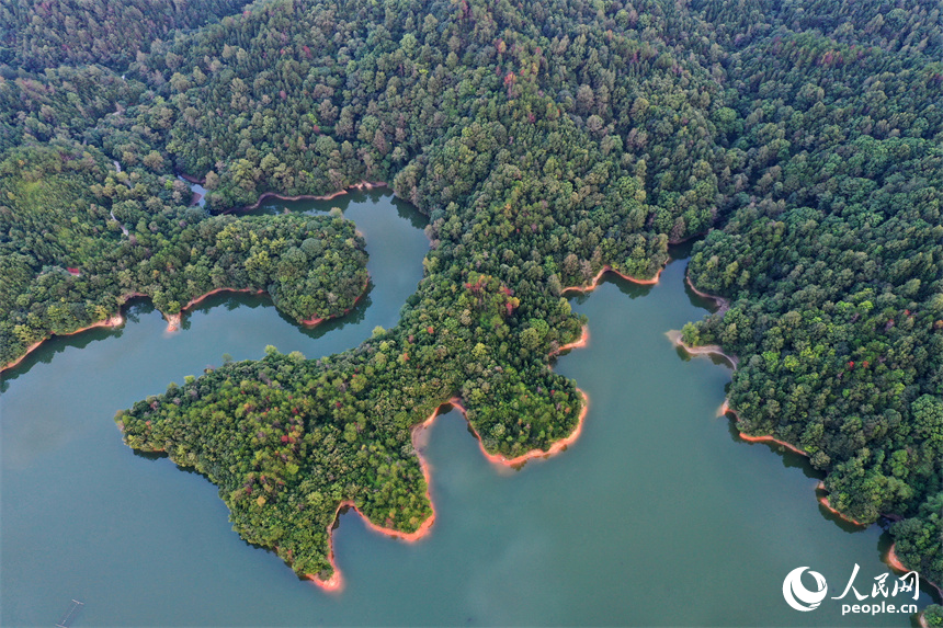 廣昌縣旴江鎮中坊水庫周邊的山體綠意蔥蘢、風景如畫。人民網記者 時雨攝