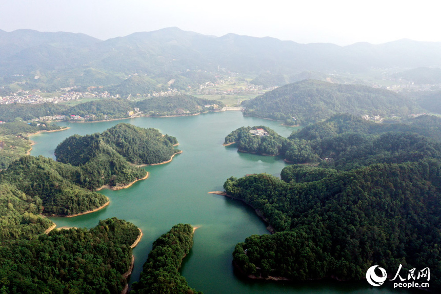 航拍鏡頭下的上栗楓林水庫山水相連、波光漣漪，宛若一幅山水畫展現在眼前。人民網記者 時雨攝