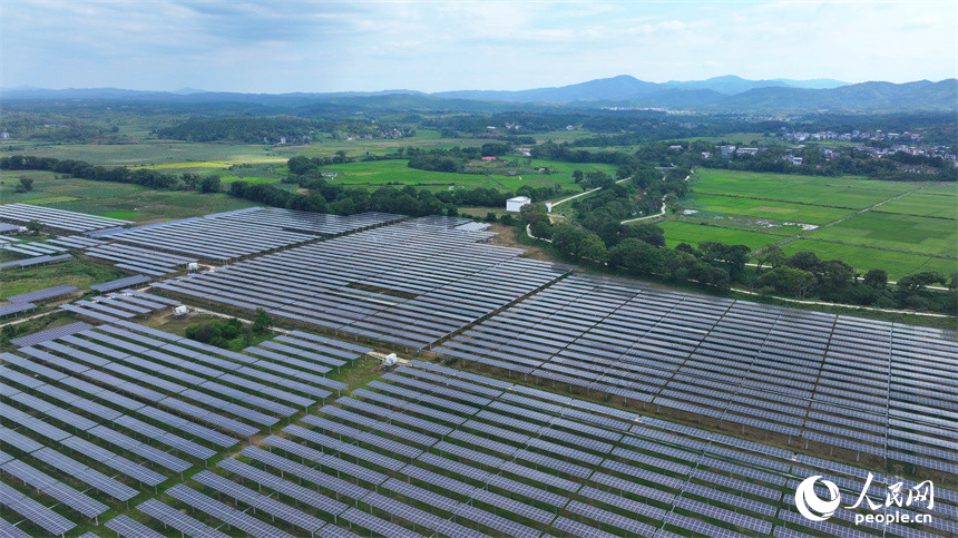航拍鏡頭下，連片的光伏板在陽光下熠熠生輝。人民網記者羅娜攝
