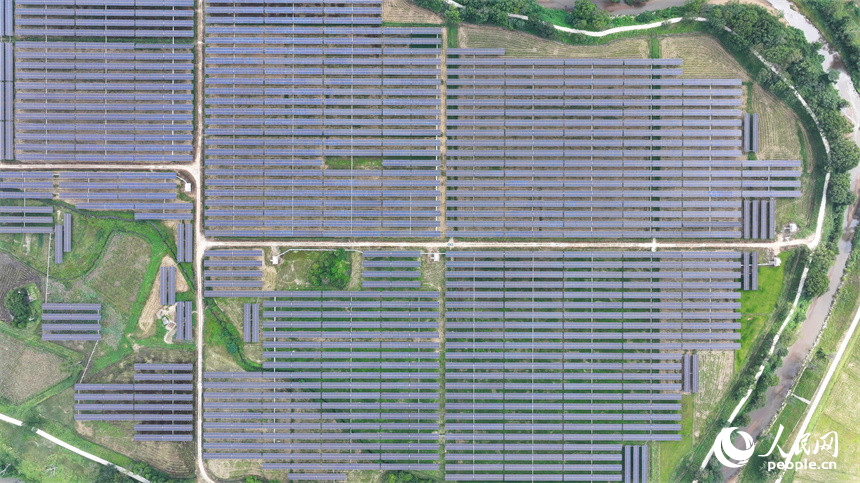 航拍鏡頭下，連片的光伏板在陽光下熠熠生輝。人民網記者羅娜攝