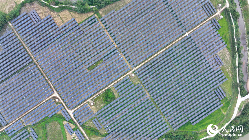 航拍鏡頭下，連片的光伏板在陽光下熠熠生輝。人民網記者羅娜攝