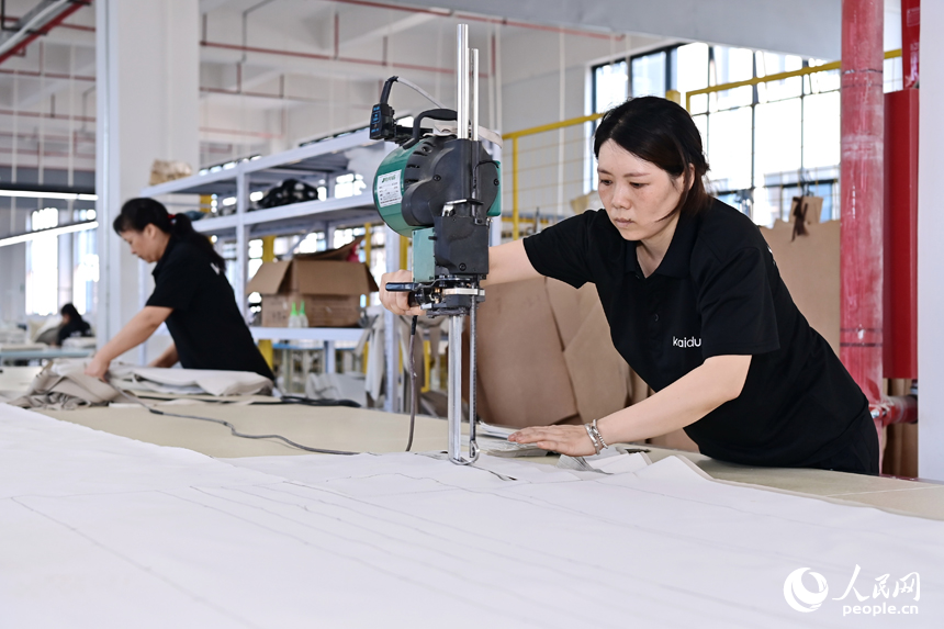 贛州市南康區經濟開發區的一家軟體家具生產企業車間內，工人在加緊制作軟包實木家具。人民網 朱海鵬攝