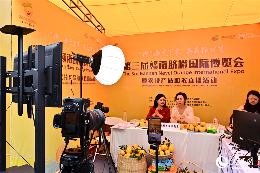 網絡主播在直播間介紹贛南臍橙拓寬售賣渠道。人民網 朱海鵬攝