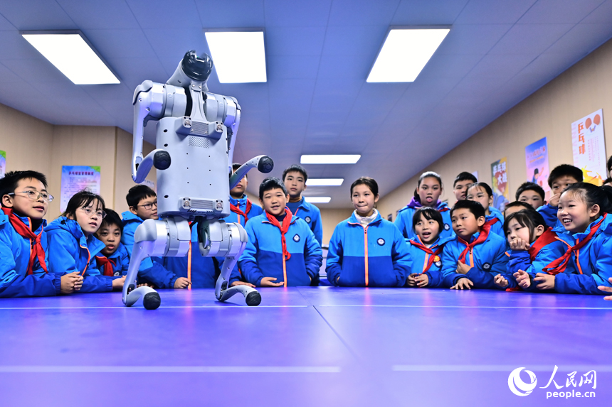撫州市宜黃縣鳳岡鎮第一小學科普趣味課上，小學生們在觀看仿生機器狗表演。人民網 朱海鵬攝