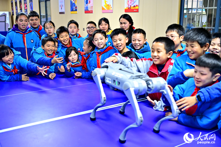 撫州市宜黃縣鳳岡鎮第一小學科普趣味課上，小學生們在觀看仿生機器狗表演。人民網 朱海鵬攝