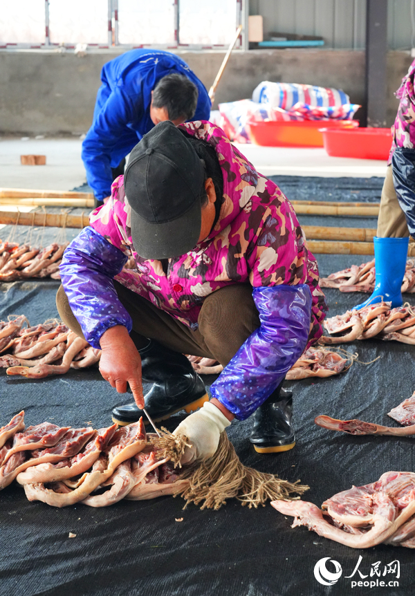 工人將腌制定型的板鴨串上繩結掛上竹竿。人民網記者 毛思遠攝