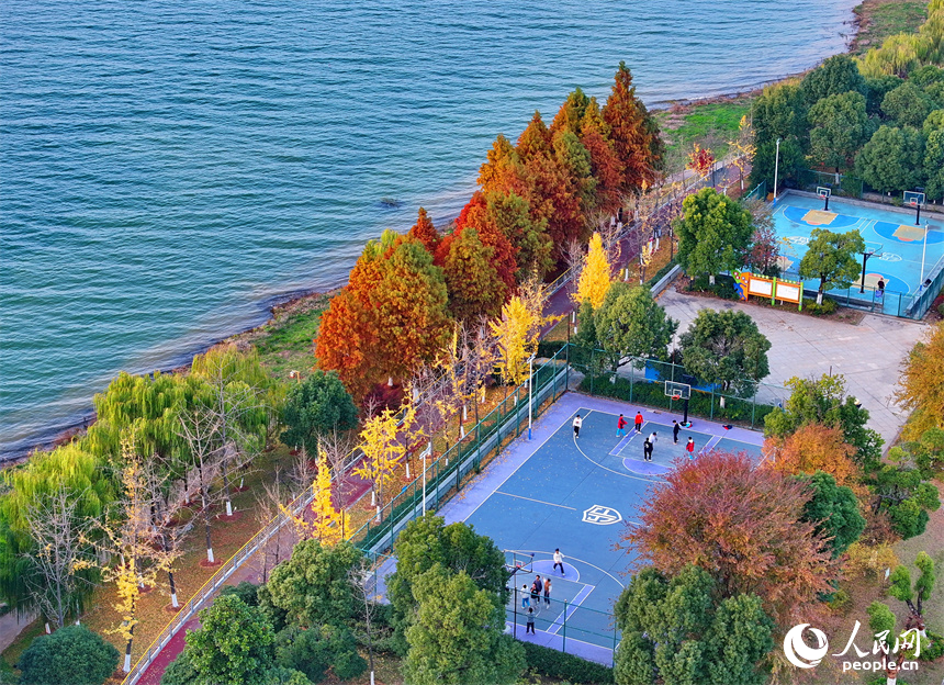 吉安市吉水縣贛江沿岸的一處“口袋公園”，許多市民在打籃球，色彩斑斕的樹木與籃球場、健身步道、碧綠江水相映襯。人民網 朱海鵬攝