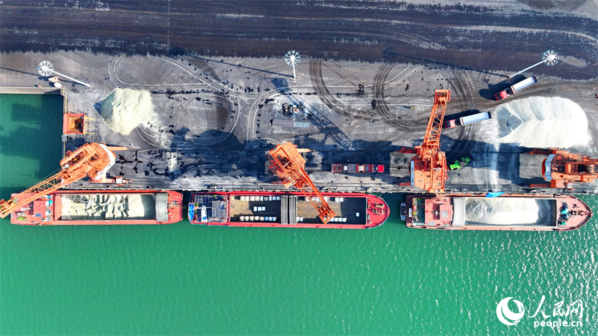 樟樹市樟樹港大碼頭，貨輪、貨車往來穿梭，吊裝運輸作業繁忙有序。人民網 朱海鵬攝