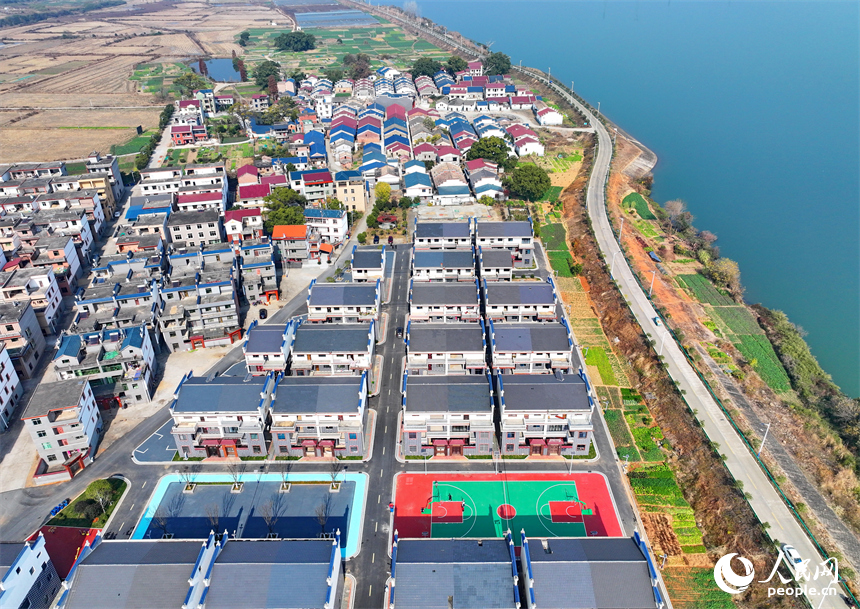 吉水縣金灘鎮贛江沿岸一帶，車輛往來穿梭，通村公路旁的農房鱗次櫛比，與綠樹、田壟、碧水相映成景。人民網 朱海鵬攝