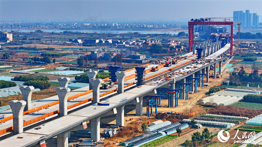 揚子洲贛江公鐵大橋建設現場，主橋箱梁安裝有序推進。人民網 朱海鵬攝