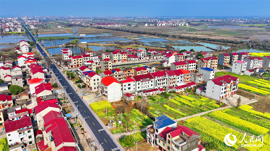 豐城市拖船鎮塘山村，農房、公路、田園、河流相映成景，構成一幅色彩斑斕的早春鄉村畫卷。人民網 朱海鵬攝
