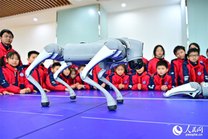 撫州市臨川區第五實驗學校人工智能科技小課堂上，學生在觀看仿生四足機器人表演。人民網 朱海鵬攝