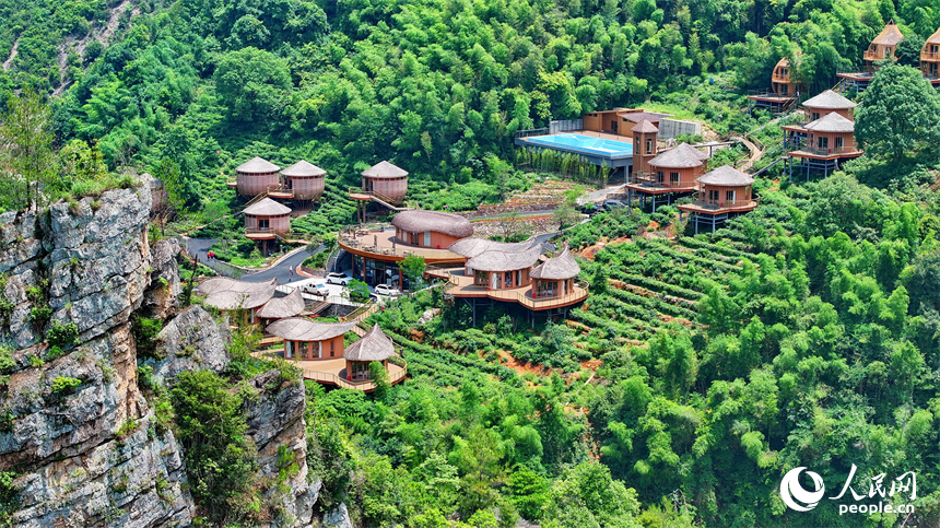 贛州市上猶縣梅水鄉園村村的一處露營基地，一棟棟民宿小木屋與青山、竹林、茶園相映襯。人民網 朱海鵬攝