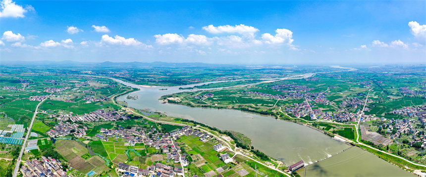 2025年6月4日，在江西省撫州市臨川區上頓渡鎮周家村，水量充沛的河流與農田、民居相映成趣。郭昊攝