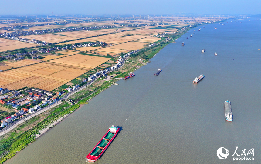 九江市柴桑區江洲鎮的長江段航道，運輸船舶有序航行。人民網 朱海鵬攝