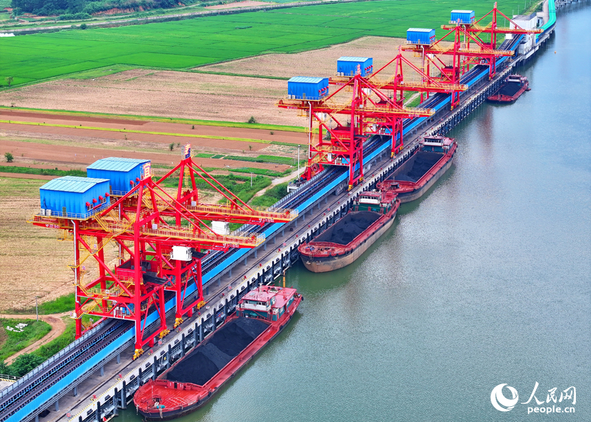 豐城港區尚莊貨運碼頭，橋吊起重機和傳輸帶將一船船電煤運往發電廠發電。人民網 朱海鵬攝