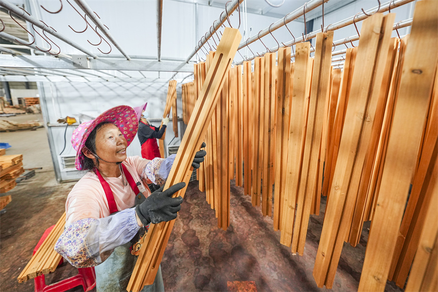 工人正在進行木材加工作業。謝東攝