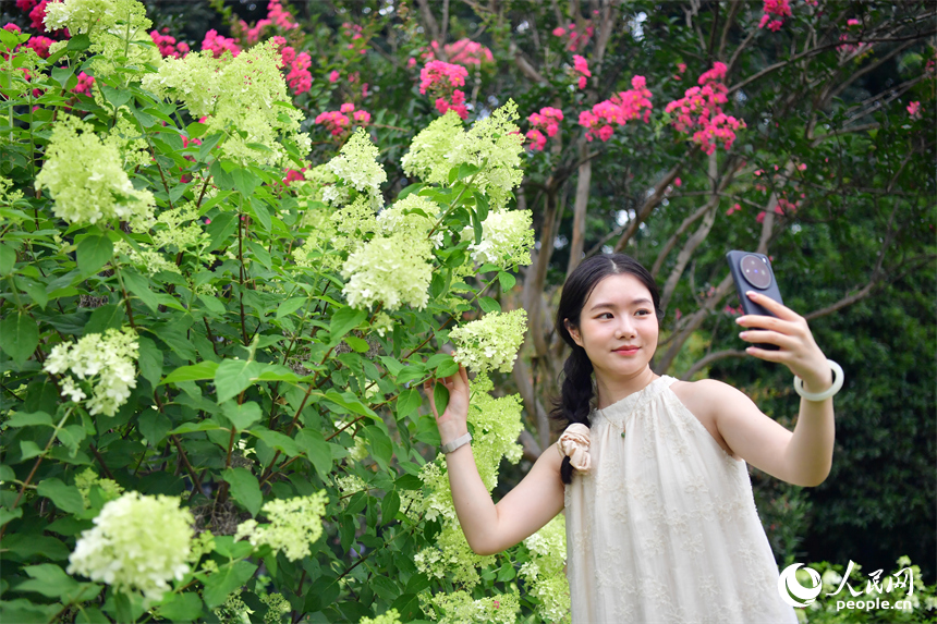 游客在林下花海中自拍留影。人民網記者 時雨攝