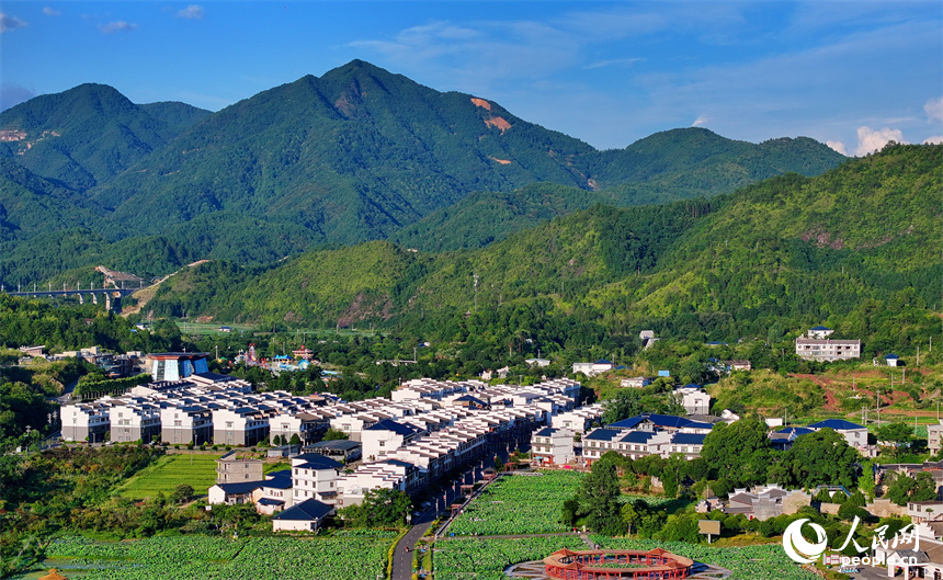 贛州市石城縣琴江鎮大畬村，錯落分布的農房與蓮田、山巒、旅游公路相映成景，構成一幅綠意盎然、和美宜居的山鄉畫卷。人民網 朱海鵬攝