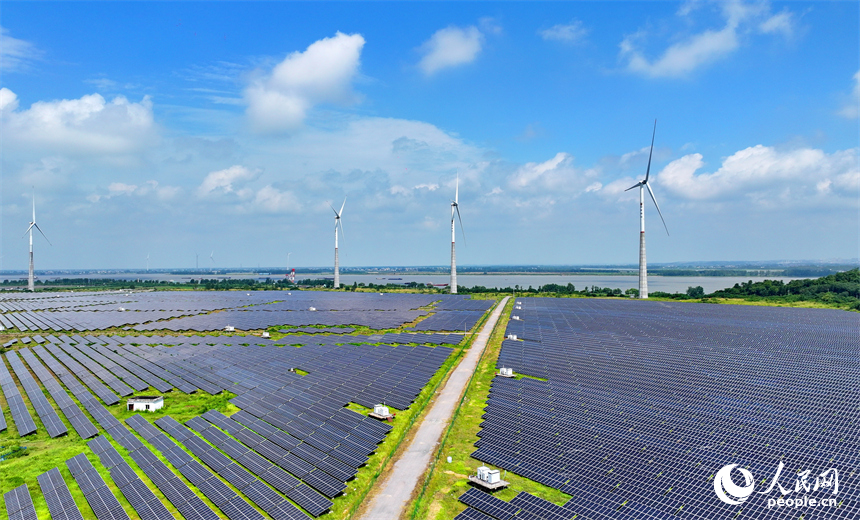 九江市彭澤縣帽子山風光電站，連片的光伏發電板與風力發電機組相得益彰，源源不斷地輸送清潔能源。人民網 朱海鵬攝