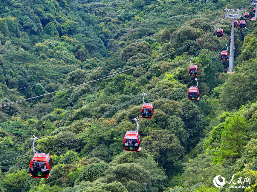 贛州市安遠縣三百山，許多游客搭乘纜車前來景區游玩。人民網 朱海鵬攝