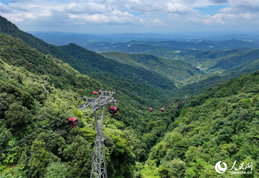 贛州市安遠縣三百山，許多游客搭乘纜車前來景區游玩。人民網 朱海鵬攝