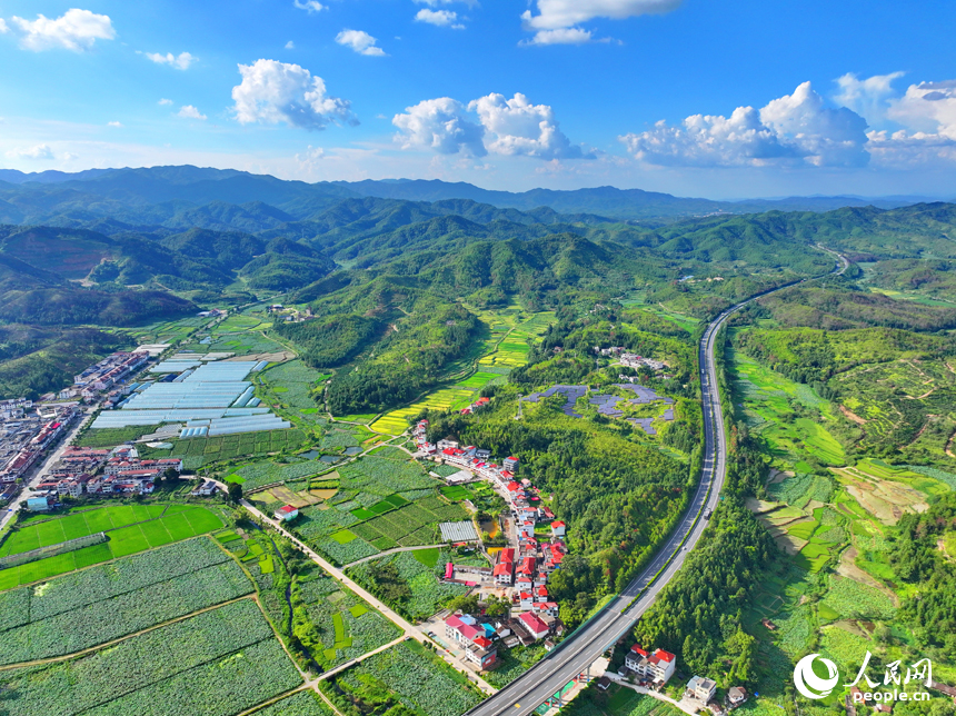 贛州市石城縣小松鎮許坊村，濟廣高速車輛穿行于層巒疊嶂的青山之間，初秋鄉村美景怡人。人民網 朱海鵬攝